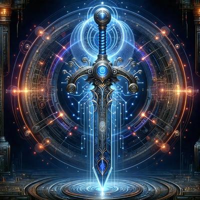 The primary subject of the image is a sword, which is the main object and focus of the scene. The sword is surrounded by a blue and orange light, giving it a futuristic and magical appearance. The setting is a circular room with a blue and orange background, which adds to the overall atmosphere of the image. The visual style of the image is digital art, as it appears to be a computer-generated or digitally rendered scene. The colors and mood of the image are vibrant and dynamic, with the blue and